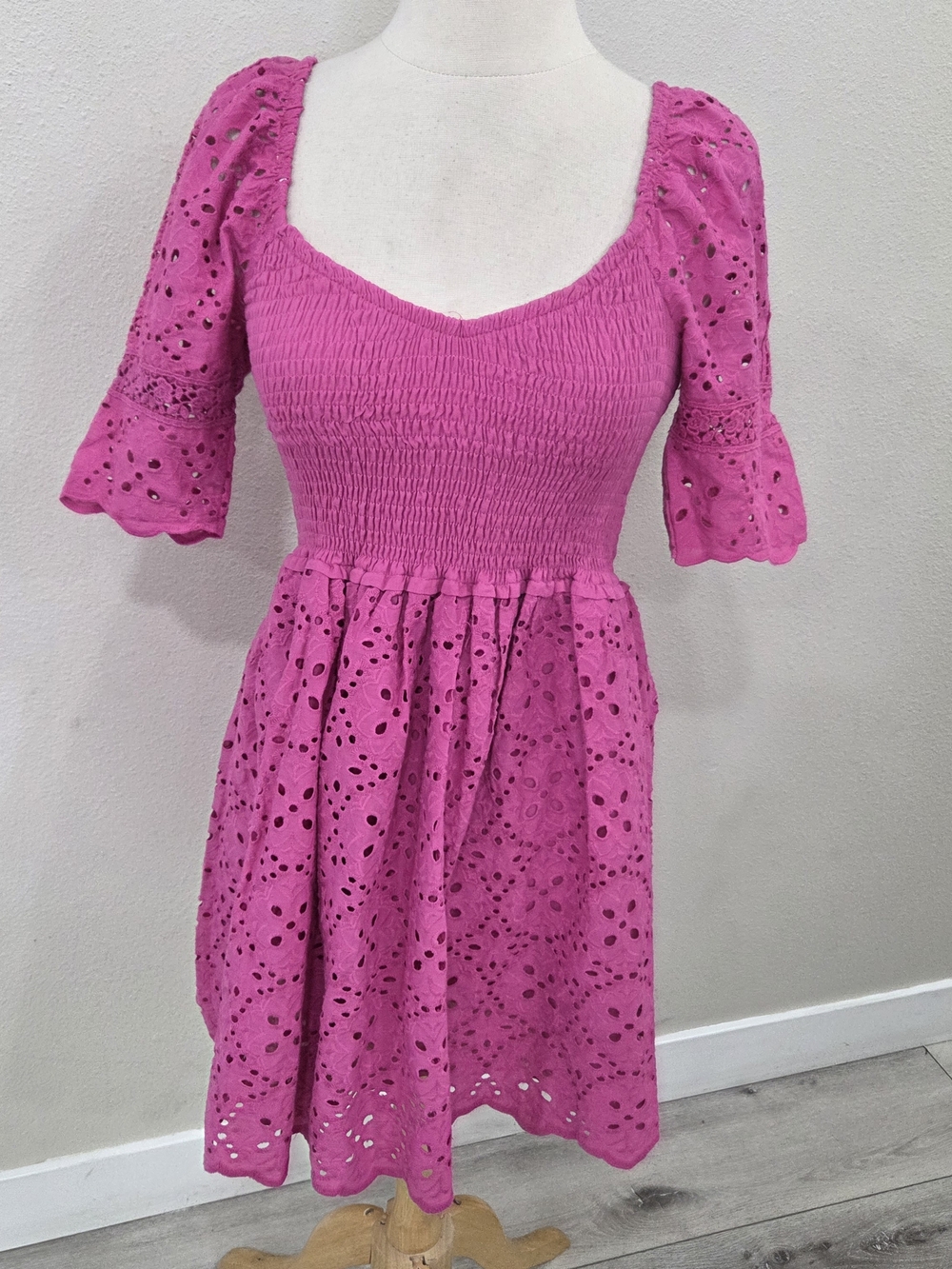 Betsey Johnson Hot Pink Eyelet Smocked Midi Dress